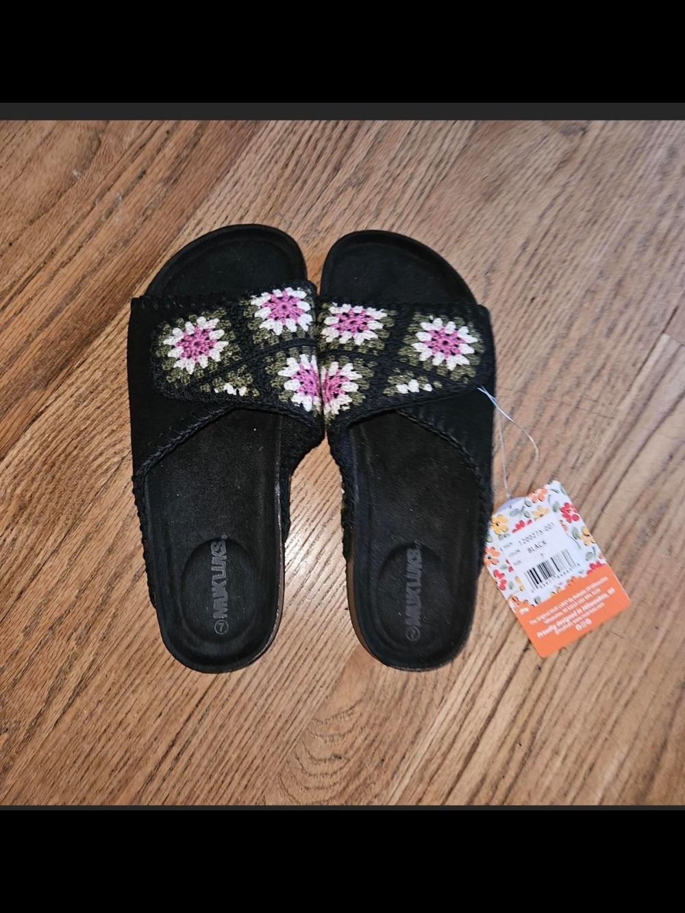 Muk Luks Black Crochet Sandals with Pink Crochet Flowers